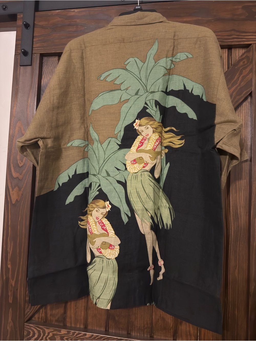 Tommy Bahama Brown & Black Hawaiian Hula Girl Camp Shirt with Green Palms - Picture 5 of 5